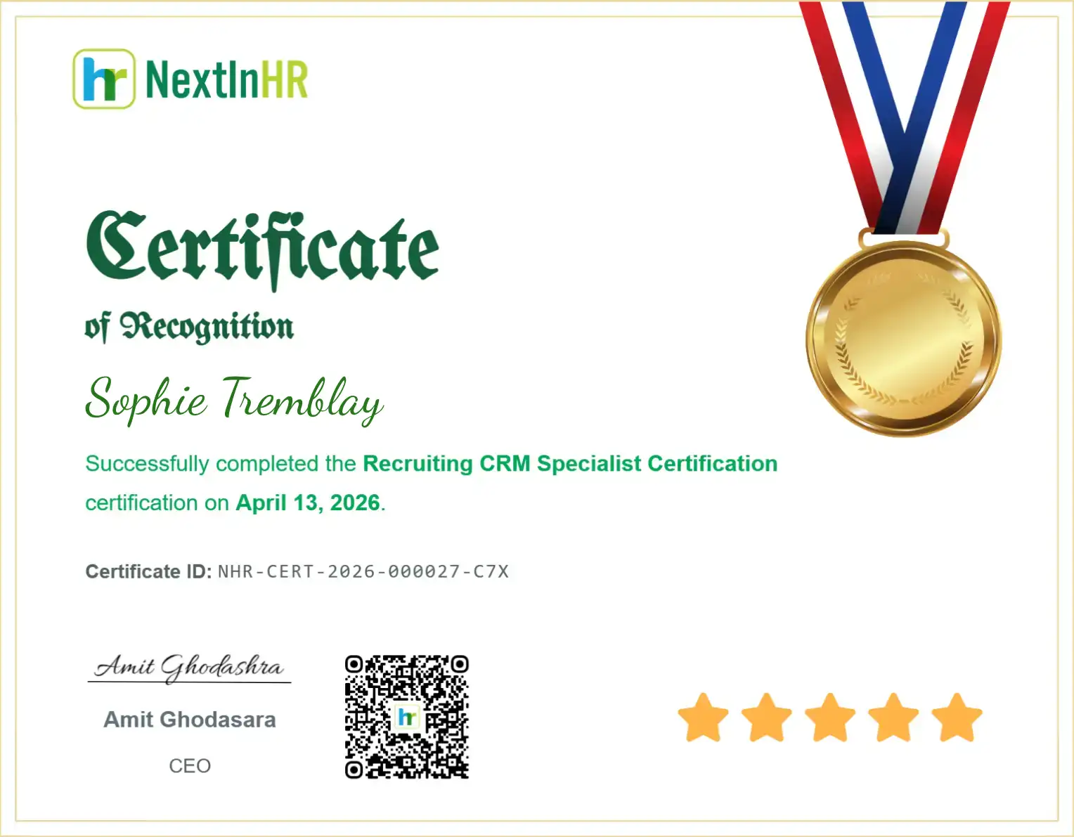 Sophie Tremblay's Certificate